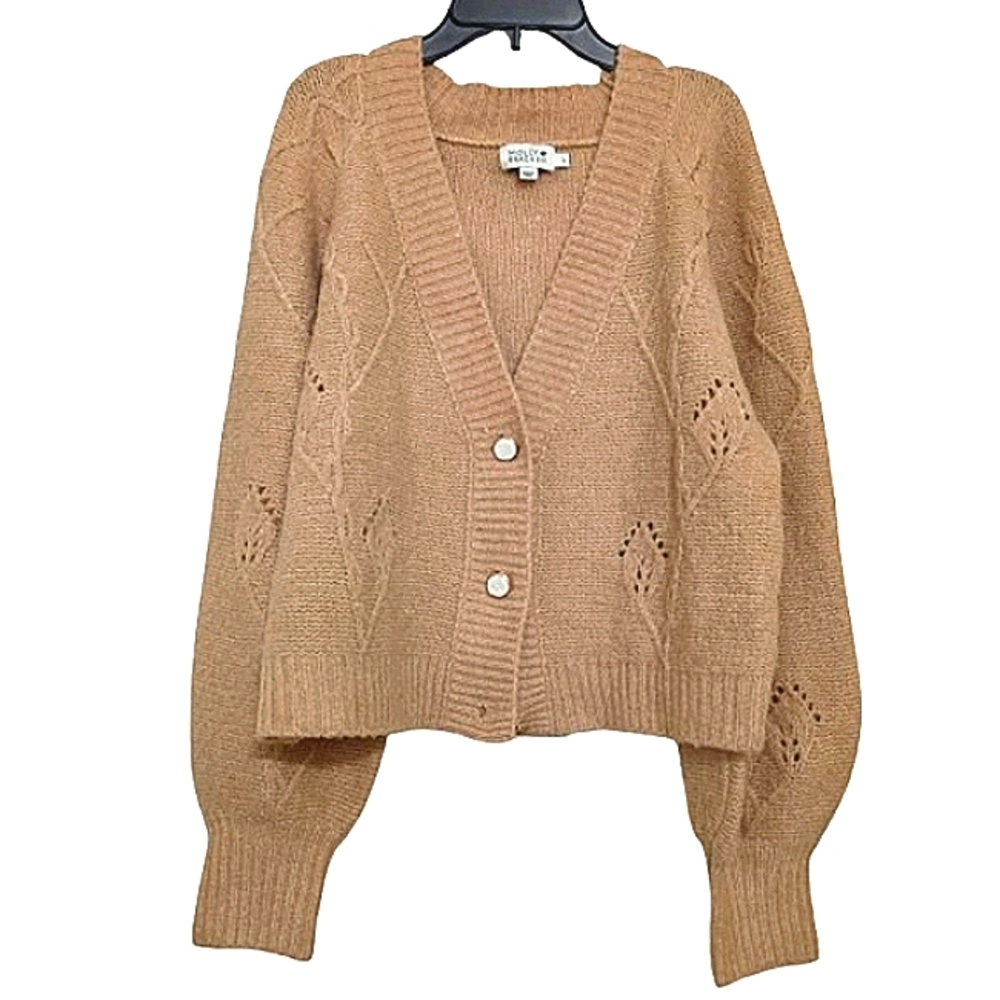 Molly Bracken V-Neck Pointelle Knit Boxy Cardigan Sweater Large Minimalist